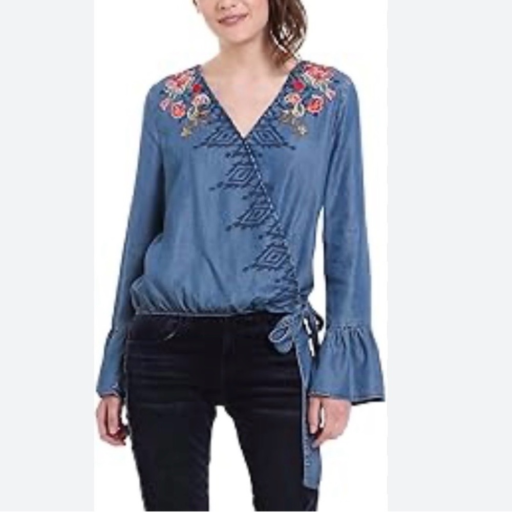 Desigual Blue Kim Embroidered Blouse - Size L - blue